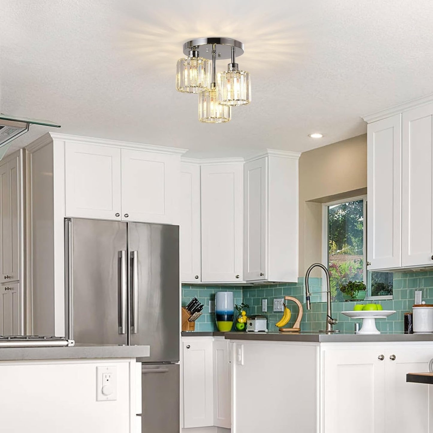 Semi Flush Mount Ceiling,3-Light Kitchen Mount,Hallway Light Fixtures Ceiling With Clear Crystal Sha