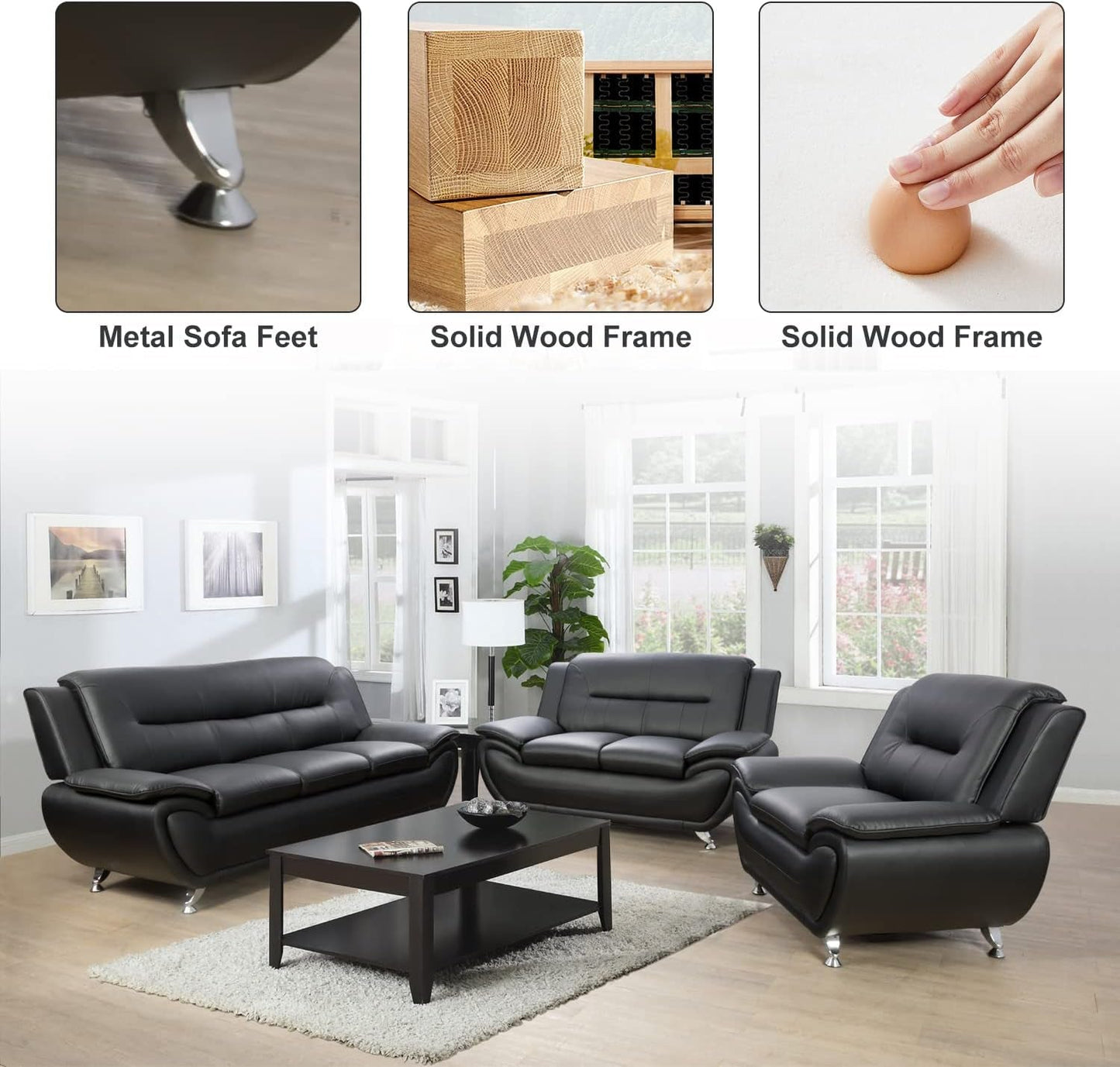 Modern Living Room Furniture Set,Leather Sofa Set for Living Room,Leather Couch Living Room Set for Office (Sofa and Loveseat Set,Black 2)