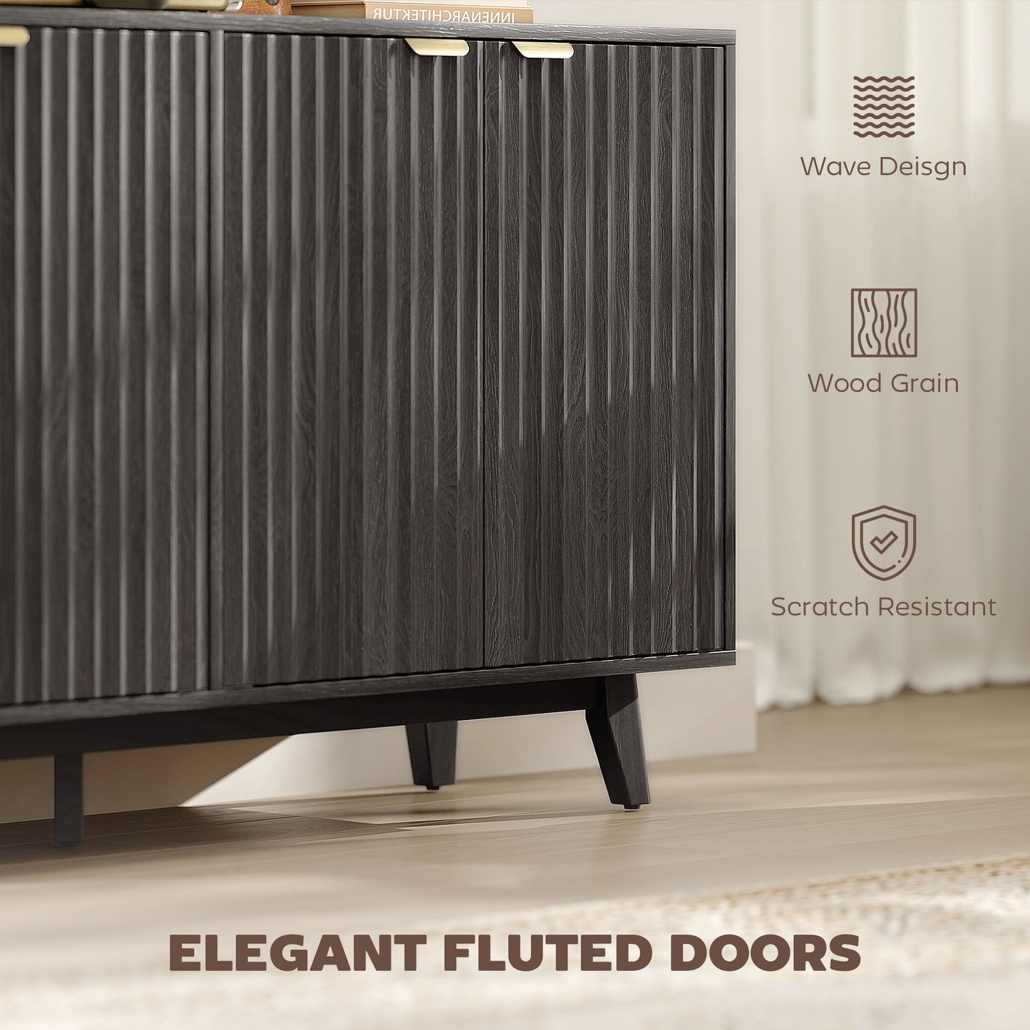 Fluted Sideboard Buffet Cabinet, 55" Coffee Bar Cabinet With 4 Doors, 2 Adjustable Shelves, 5 Wood Legs, Dark Gray