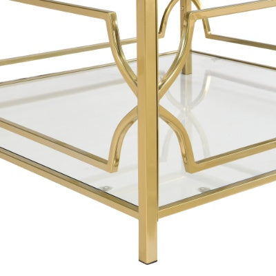 Square Glass Coffee Table In 33.5 ,Luxurious Geometric Metal Frame,Gold Finish Lower Shelf