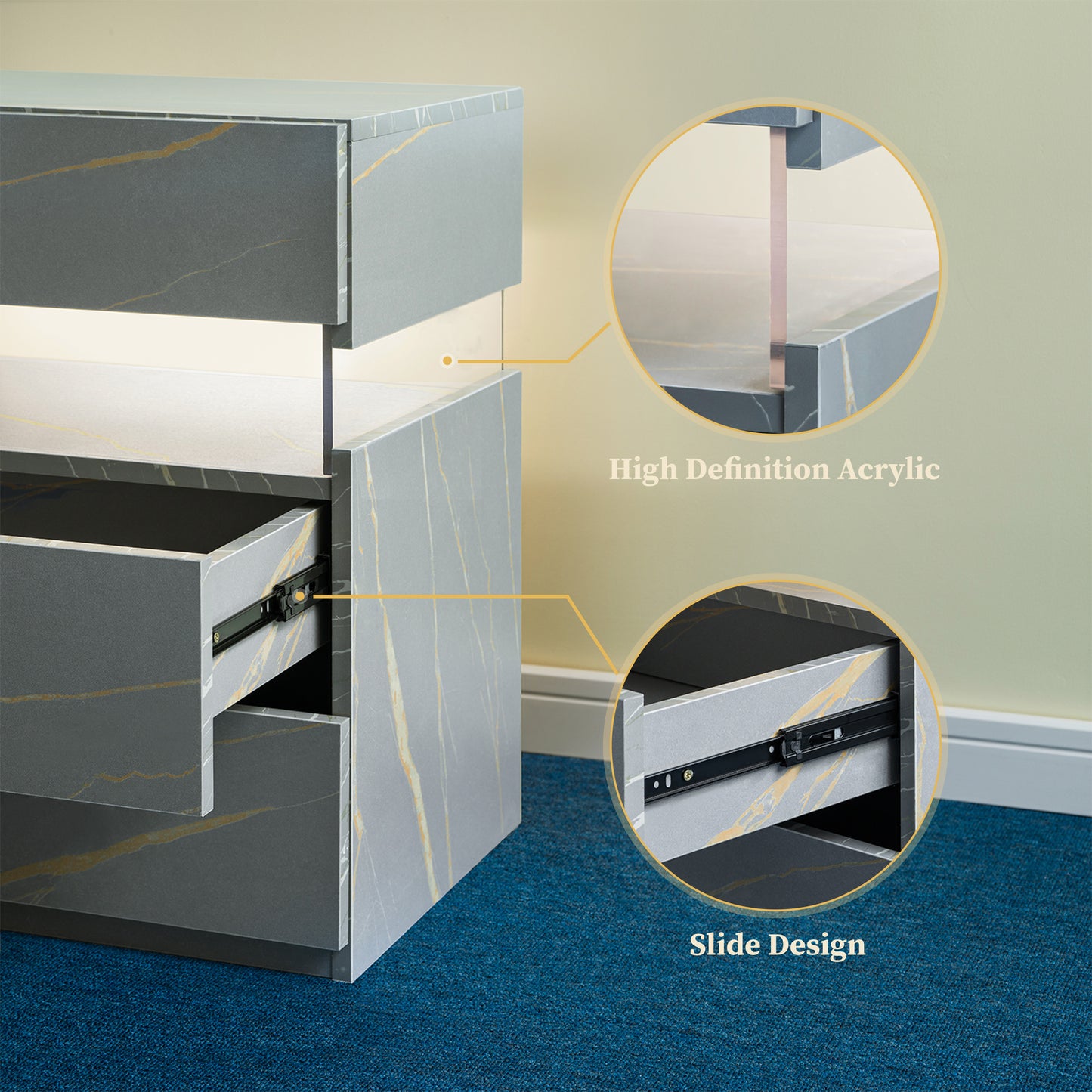 LED Nightstands 3 Drawer Dresser For Bedroom End Table With Acrylic Board LED Bedside Tables For Bedroom Living Room Bedside Furniture Grey Gold