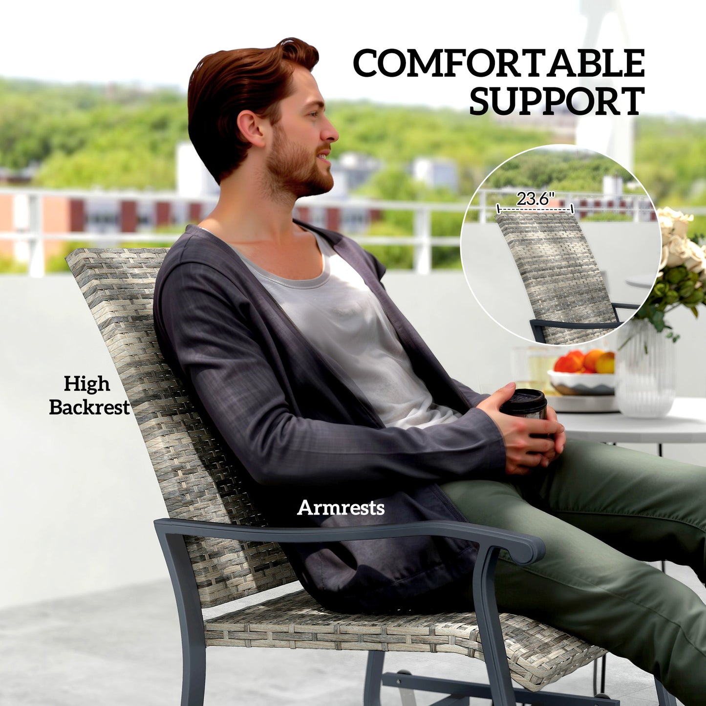Wicker Rattan Swivel Patio Glider Chair Set of 2, Outdoor Glider Chair with Steel Frame, High Back, Armrests, Yellow