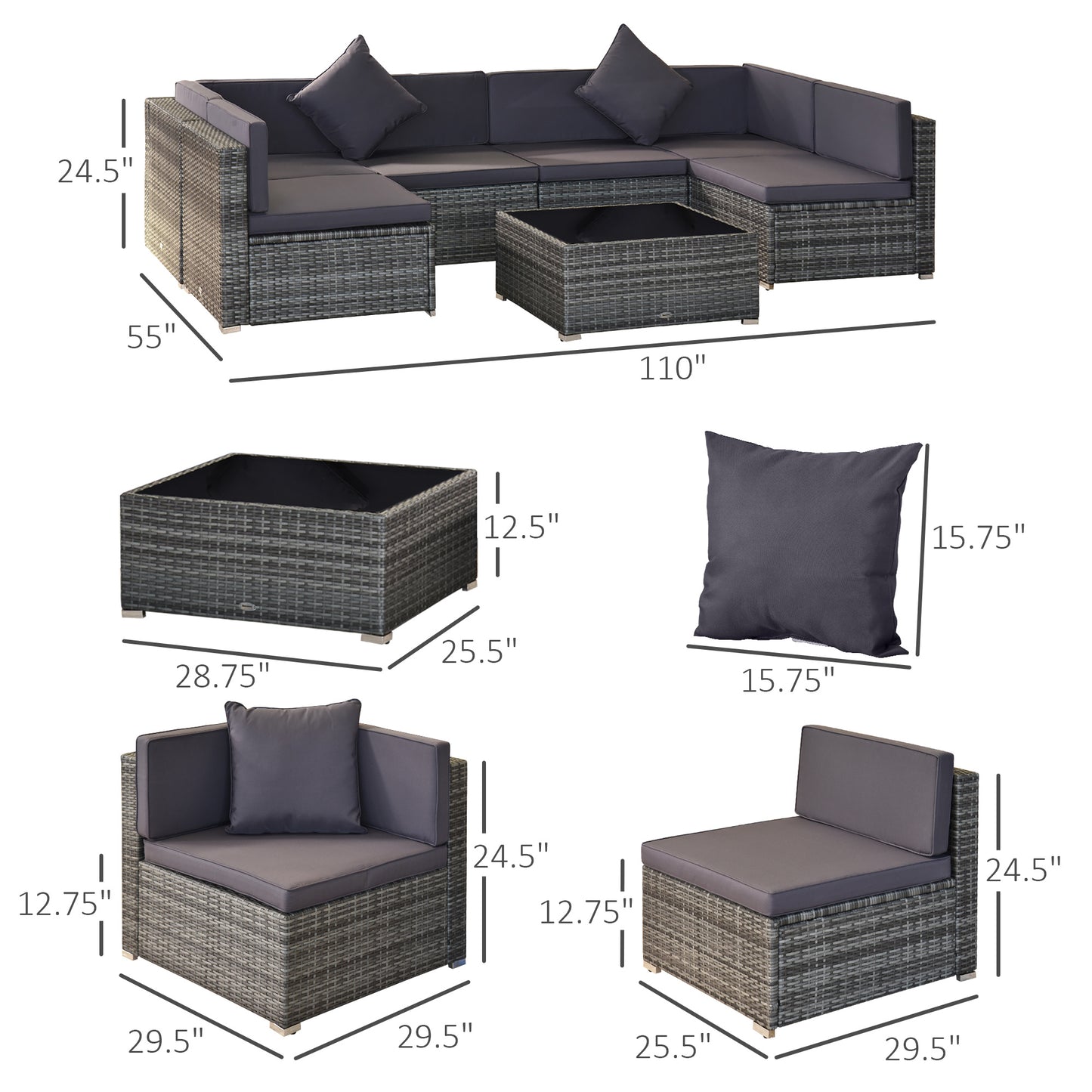 7 Piece Wicker Patio Furniture For Backyard Outdoor Sectional Sofa With Cushions Tempered Glass Coffee Table Pillows Gray