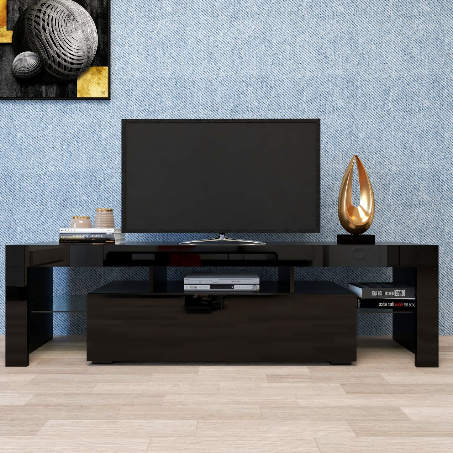 Modern Black TV Stand  20 Colors LED TV Stand W Remote Control Lights