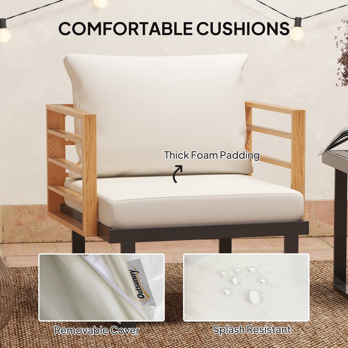 3 Piece Metal Bistro Set, Small Patio Furniture Set With Cushions, Armchairs, Slatted Table For Backyard Balcony, Beige