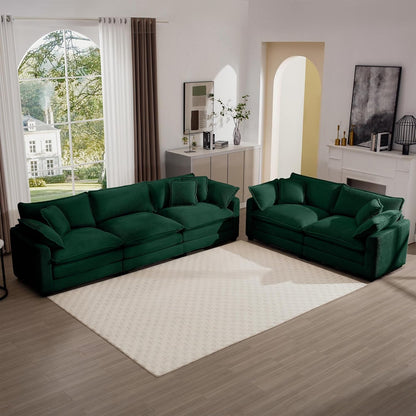 Oversized 2 Piece Sofa Set for Living Room, 3-Seater & Loveseat Couch, Modular Sectional Deep Seat Corduroy Comfy Cloud Couches with 4 Armrest Pillows and 5 Toss Pillows, Green-0