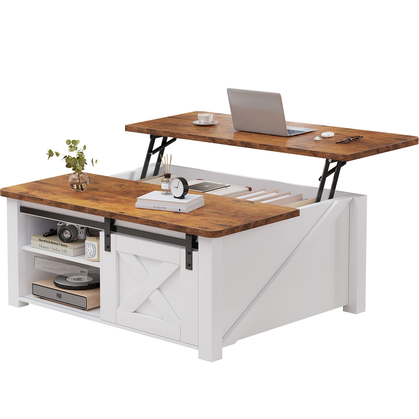 Coffee Table, Central Dining Table With A Height-adjustable Platform, Wooden Central Coffee Table With Storage Function And Adjustable Shelves