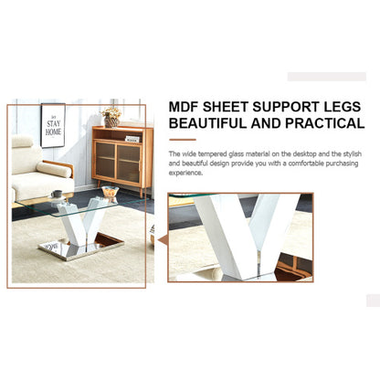 Modern Minimalist Coffee Table. Transparent Tempered Glass Tabletop With Silver MDF Pillars. Suitable For Living Room And Dining Room