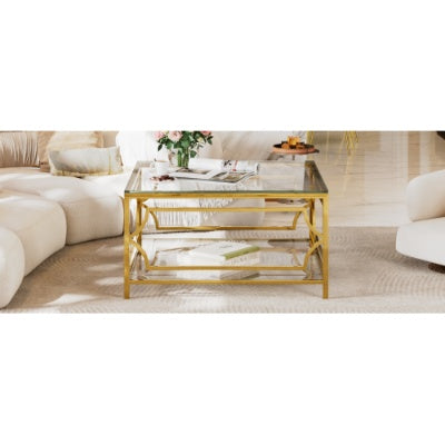 Square Glass Coffee Table In 33.5 ,Luxurious Geometric Metal Frame,Gold Finish  Lower Shelf
