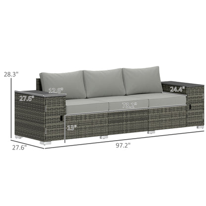 3 Seater Wicker Outdoor Couch Patio Sofa With Storage, Thickened Cushions And Wide Armrests For Porch Yard, Gray