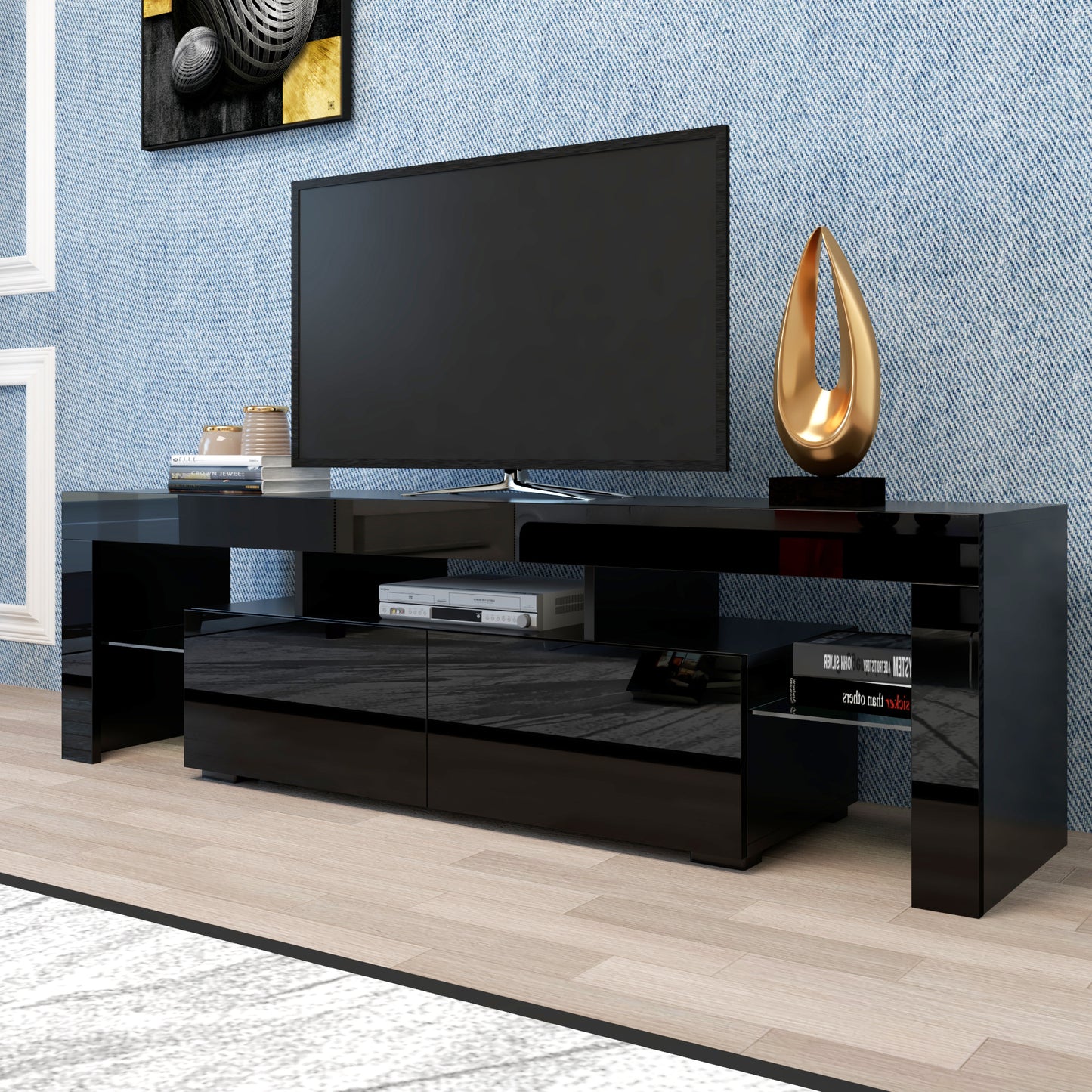 Modern Black TV Stand  20 Colors LED TV Stand W Remote Control Lights