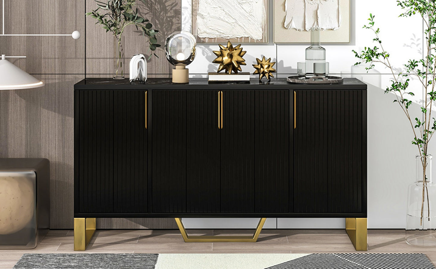 TREXM Modern Sideboard 4 Doors, Metal Handles & Legs, Adjustable Shelves Cabinet