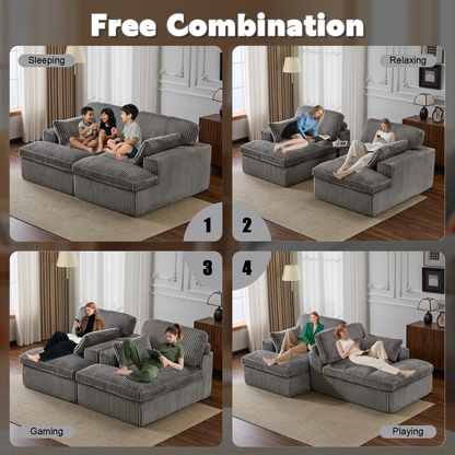 Double Chaise Lounge Chair Indoor,Oversized Upholstered Sleeper Cloud Couch,Deep Seat Luxury Sofa Bed,Sectional Sofa Chaise Love-seat,Corduroy Reading Chair For Living Room,No Assembly Required,Grey