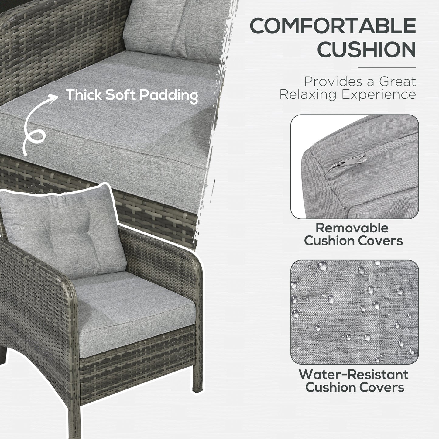 5 Pieces Rattan Wicker Lounge Chair Outdoor Patio Conversation Set with 2 Cushioned Chairs, 2 Ottomans and Tempered Glass Top Coffee Table, Gray/Light Gray