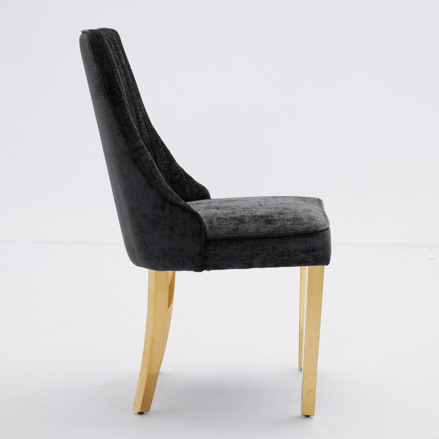 Rayon Cloth Flocking Chenille Dining Chairs Channel Kitchen Dinner Chair Comfy Fabric Upholstered Accent Chair For Dining Room With Golden Stainless Steel Plating Legs,Set Of 2 Black, SW1647BK