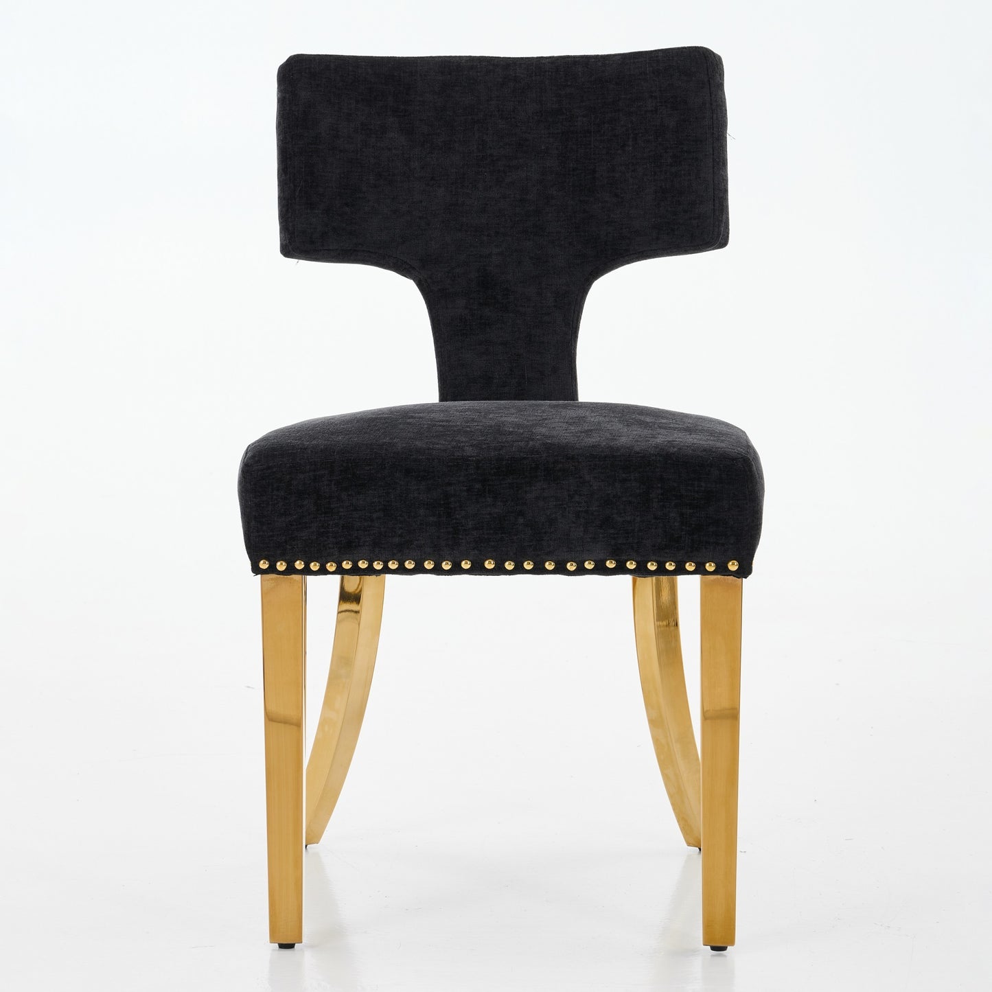 Mid Century Modern Dining Chairs Set Of 2, Farmhouse Chenille Fabric Upholstered Accent Chair Curved Backrest With Copper Nails Around,Kitchen Chairs With Golden Stainless Steel Plating Legs, Black