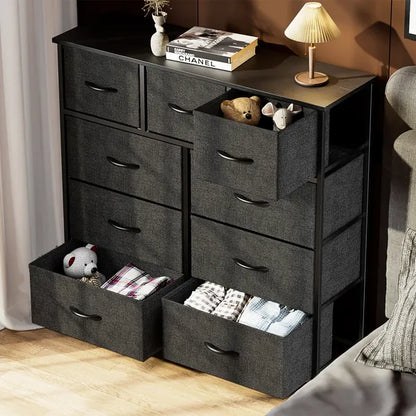 Dresser For Bedroom With 9 Fabric Storage Drawer Wardrobe Tall Chest Organizer Closet Adult&Kids Clothes Cabinet Furniture