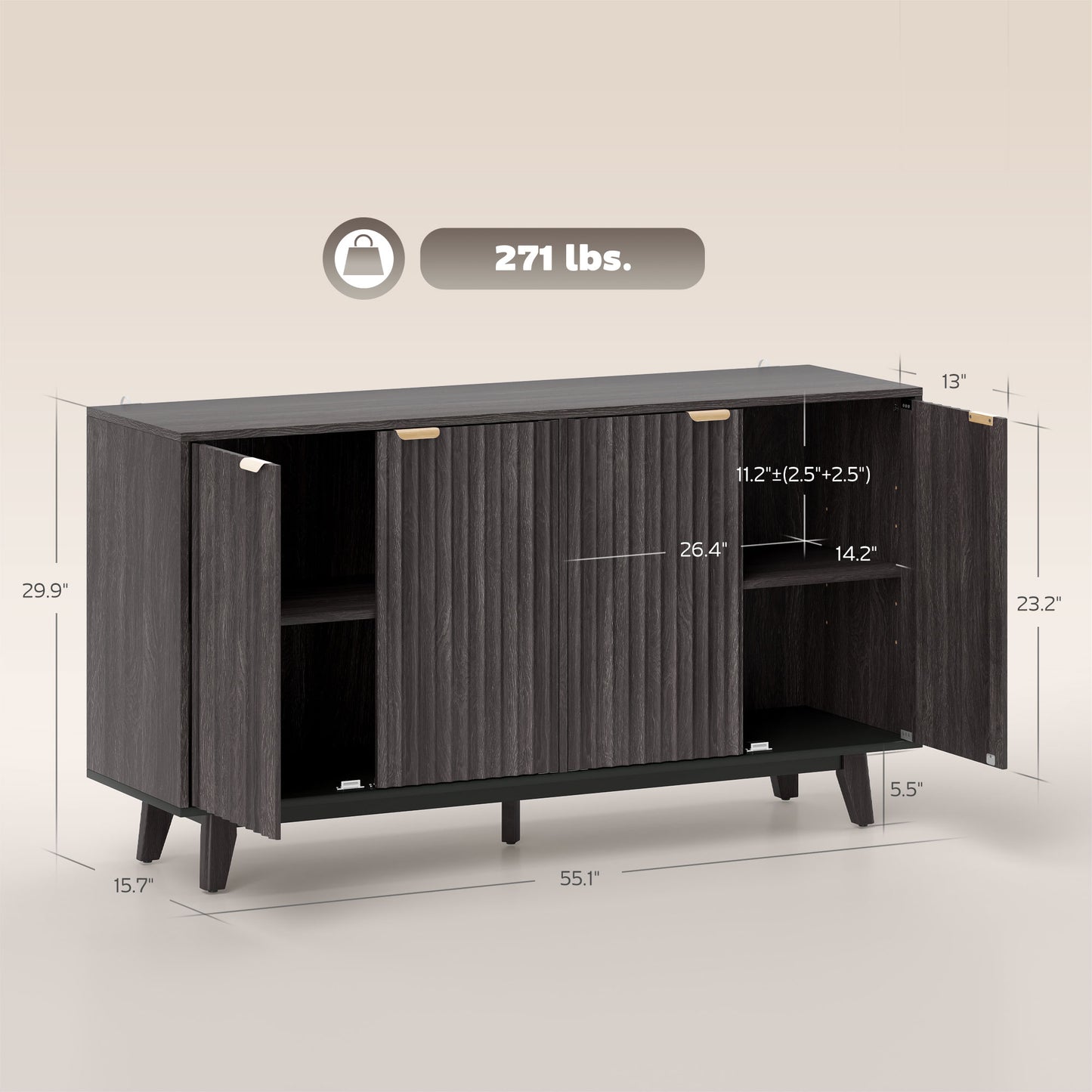 Fluted Sideboard Buffet Cabinet, 55" Coffee Bar Cabinet With 4 Doors, 2 Adjustable Shelves, 5 Wood Legs, Dark Gray