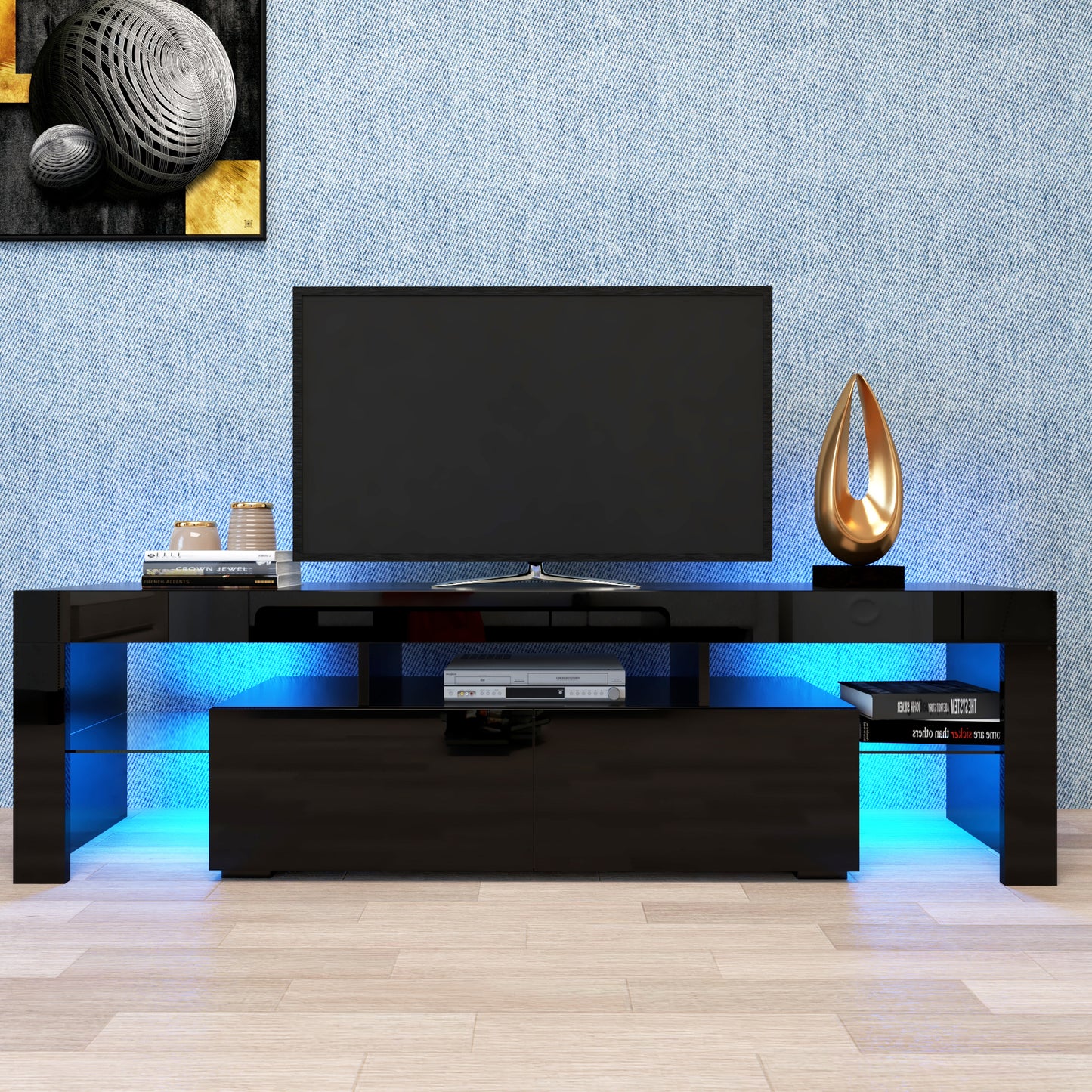 Modern Black TV Stand  20 Colors LED TV Stand W Remote Control Lights