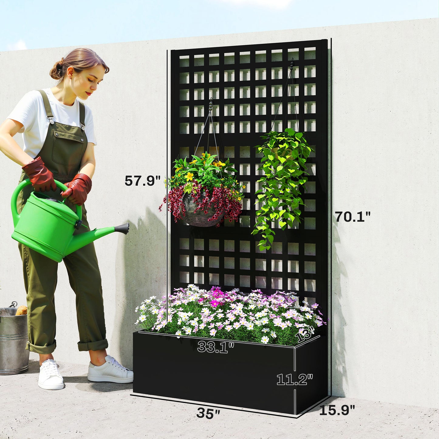 Galvanized Raised Garden Bed Planter Box with Trellis for Climbing Plants, Vegetable, Vines, 35" x 16" x 70", Black