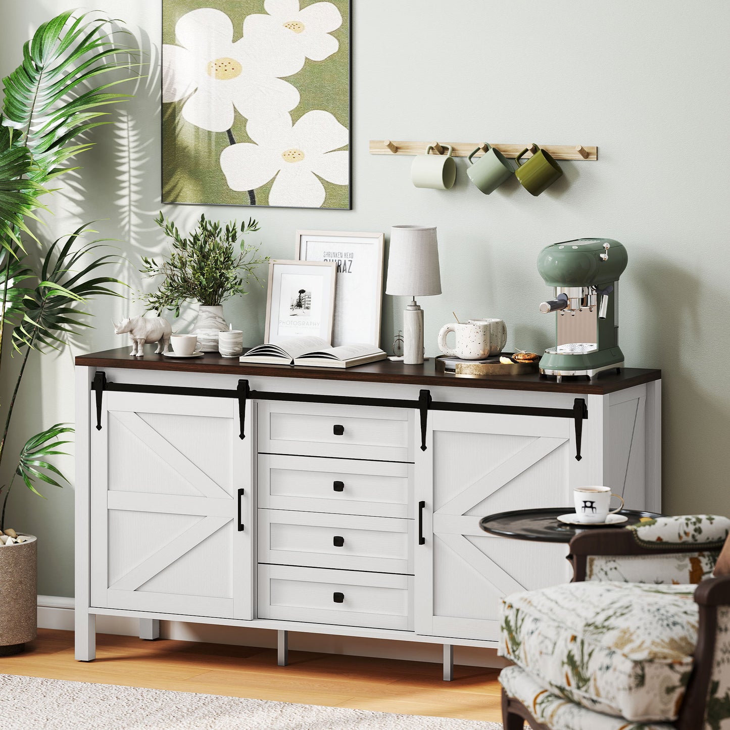 59 Buffet Cabinet, Farmhouse Sideboard With Thick Top, 2 Barn Doors, 4 Drawers And 2 Adjustable Shelves, White