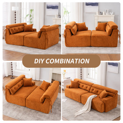 LY-029 ORANGE COMPRESSION SOFA 4-seater Combined Sofa, Wood Grain Chenille Fabric, Full Sponge Compression Sofa,combined Sofa With 2 Pillows For Living  Home Furniture  Apartment