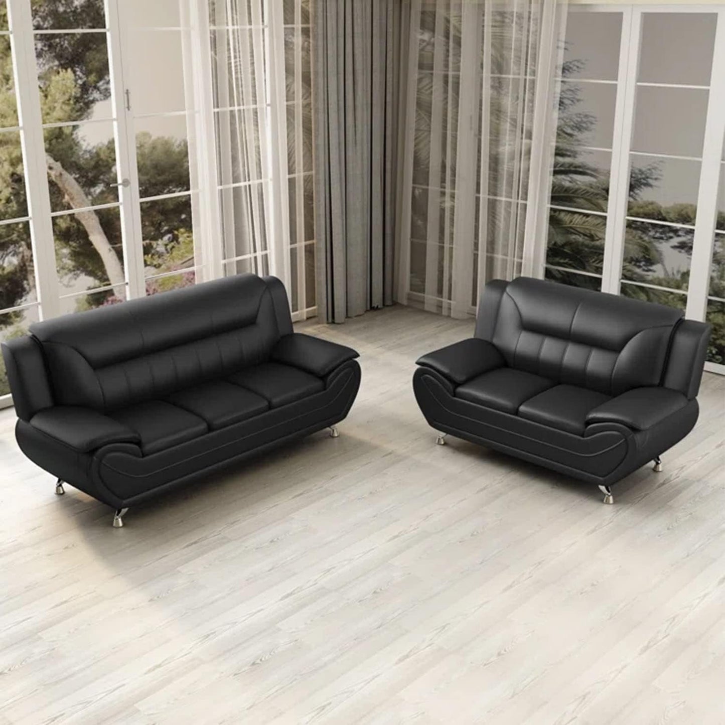 Modern Living Room Furniture Set,Leather Sofa Set for Living Room,Leather Couch Living Room Set for Office (Sofa and Loveseat Set,Black 2)