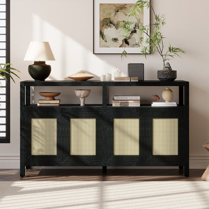 TREXM Bohemian Style Rattan Buffet Storage Cabinet With Solid Wood Frame  Sideboard With 3-position Adjustable Shelves For Living & Dining Rooms  No-Handle Push-to-Open Design  Black