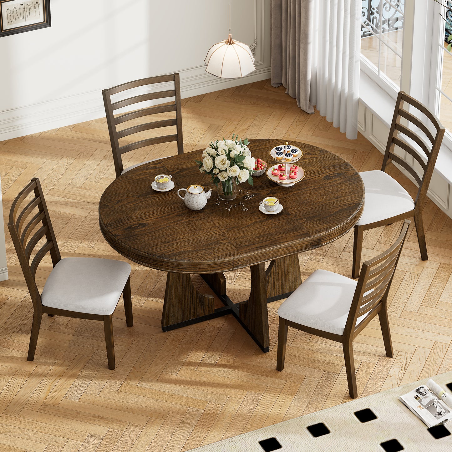 TREXM Round Dining Table For 4 With Chairs Set  Extendable Dining Table Set With 16 Removable Middle Leaf  5 Piece Retro Dining Table Set Unique Geometric Design For Kitchen  Dining Room  Walnut