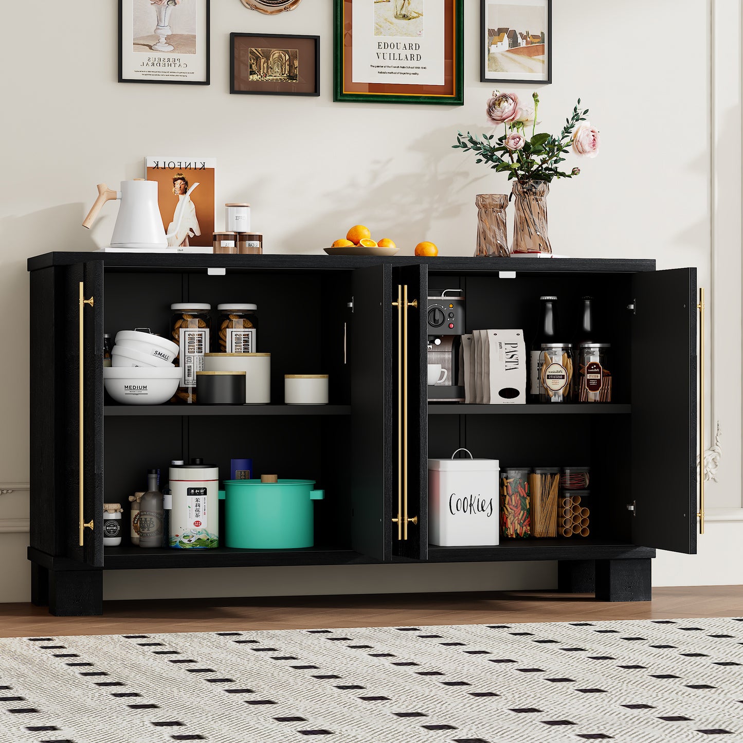 TREXM Sideboard Buffet Cabinet With Storage  Wood Sideboard With Adjustable Shelves And Gold Handles For Kitchen  Dining Room And Living Room  Black