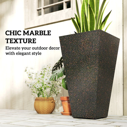 28" Tall Planters, Set Of 3 Plastic Flower Pots With Marble Finish And Drainage Holes, Stackable Taper Planters, Brown
