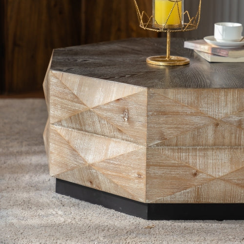 Octagon Coffee Table,38 Retro Style Wood Center Table With Three-Dimensional Embossed Pattern,Rustic Cocktail Table Center Large Circle Coffee Table For Living Room Home