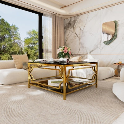 Square Glass Coffee Table In 33.5 ,Luxurious Geometric Metal Frame,Gold Finish  Lower Shelf