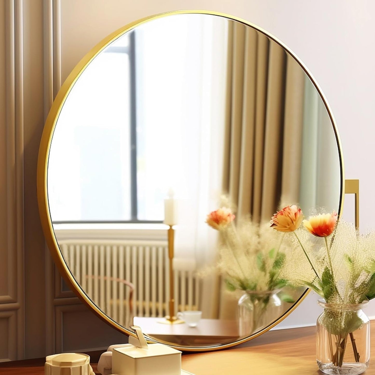 Gold round Mirror, 24 Inch Circle Mirror, Gold Metal Frame, round Wall Mounted Mirrors for Bathroom, Hallway, Living Room, Bedroom.