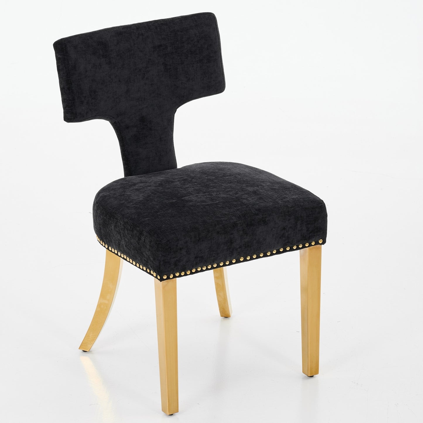 Mid Century Modern Dining Chairs Set Of 2, Farmhouse Chenille Fabric Upholstered Accent Chair Curved Backrest With Copper Nails Around,Kitchen Chairs With Golden Stainless Steel Plating Legs, Black