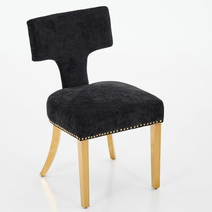 Mid Century Modern Dining Chairs Set Of 2, Farmhouse Chenille Fabric Upholstered Accent Chair Curved Backrest With Copper Nails Around,Kitchen Chairs With Golden Stainless Steel Plating Legs, Black