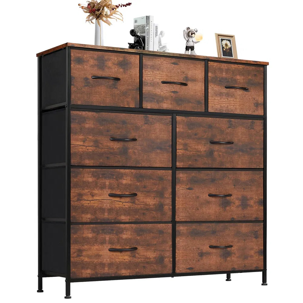 Dresser For Bedroom With 9 Fabric Storage Drawer Wardrobe Tall Chest Organizer Closet Adult&Kids Clothes Cabinet Furniture