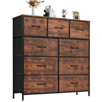 Dresser For Bedroom With 9 Fabric Storage Drawer Wardrobe Tall Chest Organizer Closet Adult&Kids Clothes Cabinet Furniture