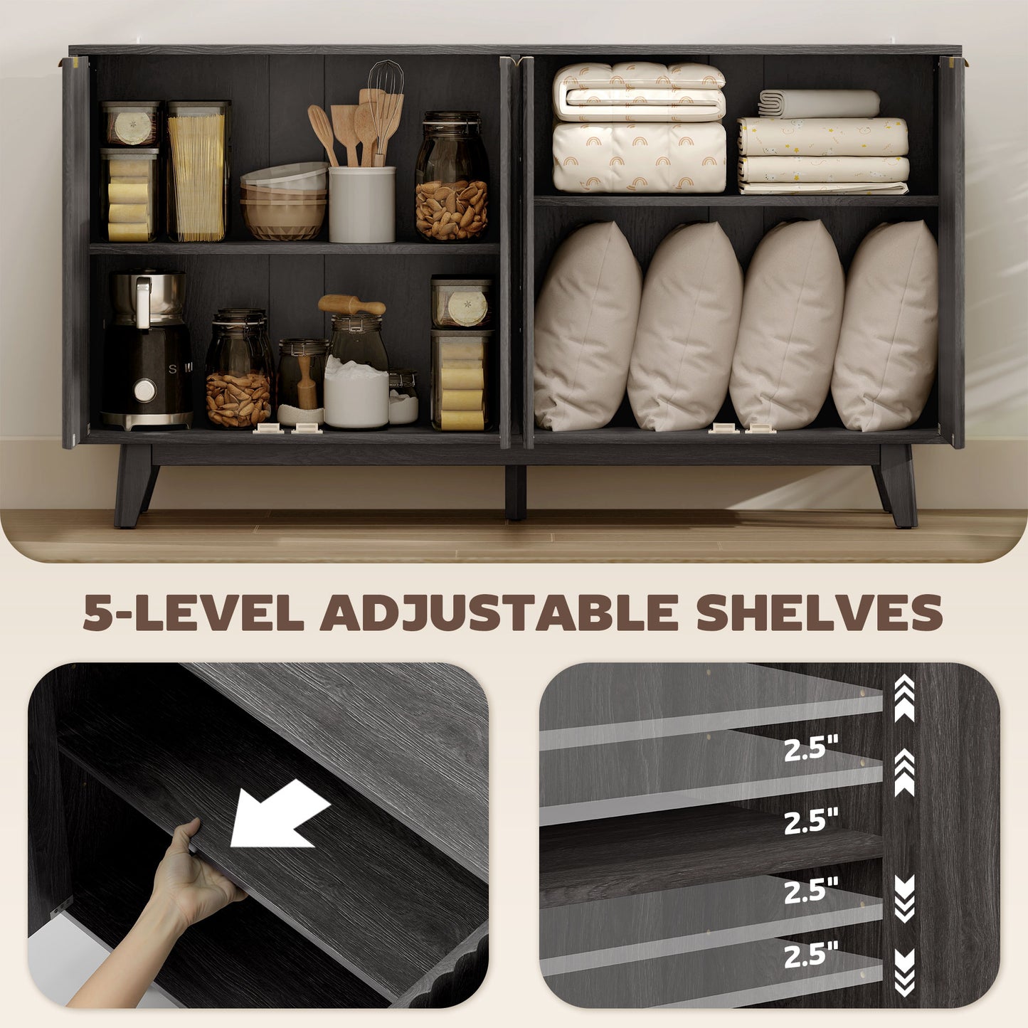Fluted Sideboard Buffet Cabinet, 55" Coffee Bar Cabinet With 4 Doors, 2 Adjustable Shelves, 5 Wood Legs, Dark Gray