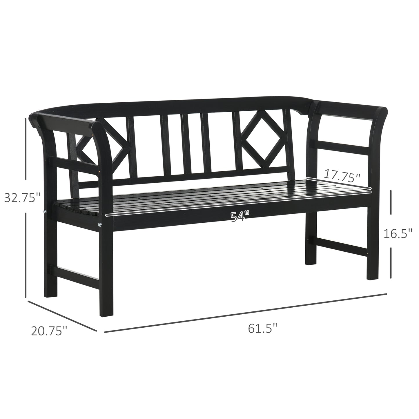 Wooden Patio Bench, Outdoor Garden Bench with Backrest and Armrests, 3 Person Porch Bench with Rustic Country Diamond Pattern, Black