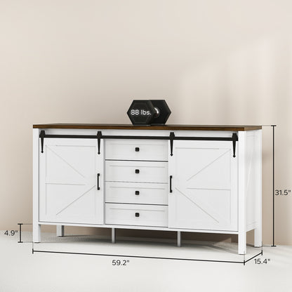 59 Buffet Cabinet, Farmhouse Sideboard With Thick Top, 2 Barn Doors, 4 Drawers And 2 Adjustable Shelves, White