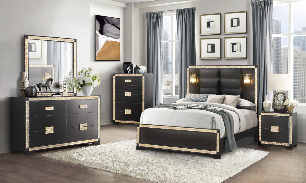 Black Faux Crystal Bling Wood And Upholstery Lighted Queen Bed Frame-5
