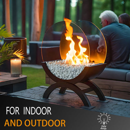 Portable Round Tabletop Fireplace 48cm H – Clean Burning Bio Ethanol, Ventless Glass Fire Bowl,-2