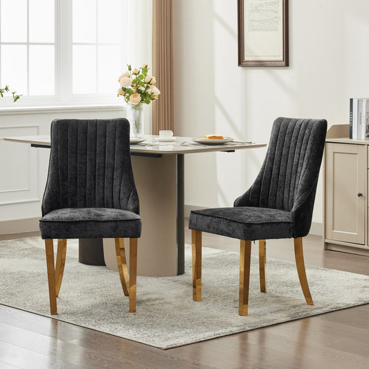 Rayon Cloth Flocking Chenille Dining Chairs Channel Kitchen Dinner Chair Comfy Fabric Upholstered Accent Chair For Dining Room With Golden Stainless Steel Plating Legs,Set Of 2 Black, SW1647BK
