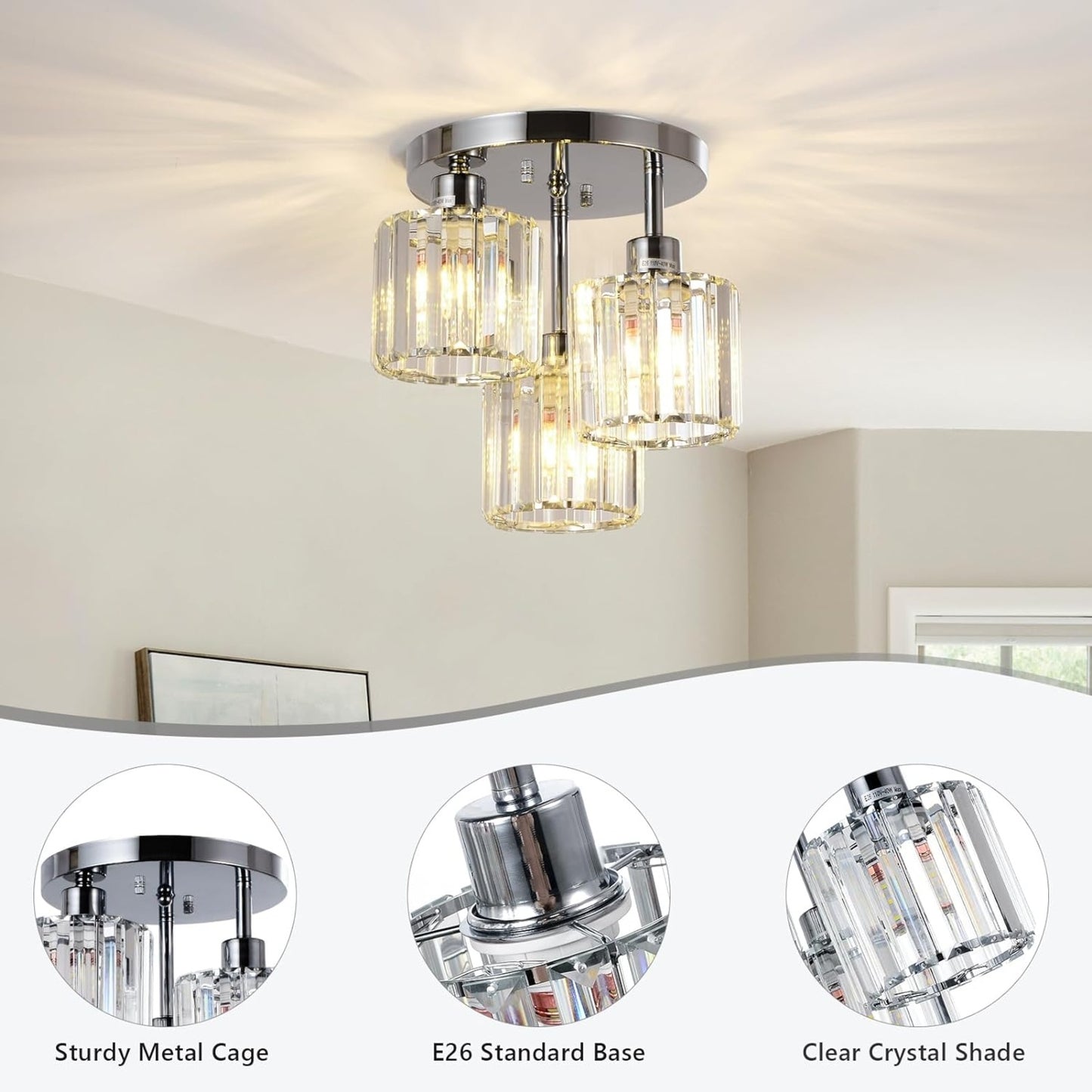Semi Flush Mount Ceiling,3-Light Kitchen Mount,Hallway Light Fixtures Ceiling With Clear Crystal Sha