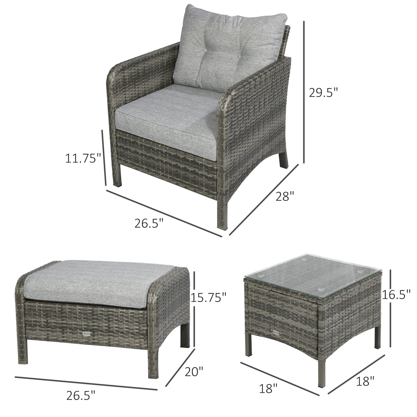 5 Pieces Rattan Wicker Lounge Chair Outdoor Patio Conversation Set with 2 Cushioned Chairs, 2 Ottomans and Tempered Glass Top Coffee Table, Gray/Light Gray