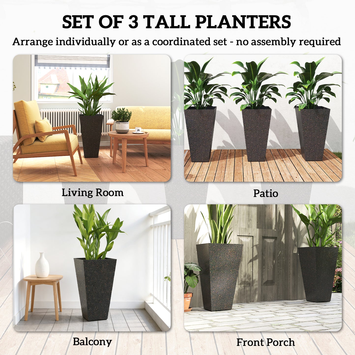28" Tall Planters, Set Of 3 Plastic Flower Pots With Marble Finish And Drainage Holes, Stackable Taper Planters, Brown