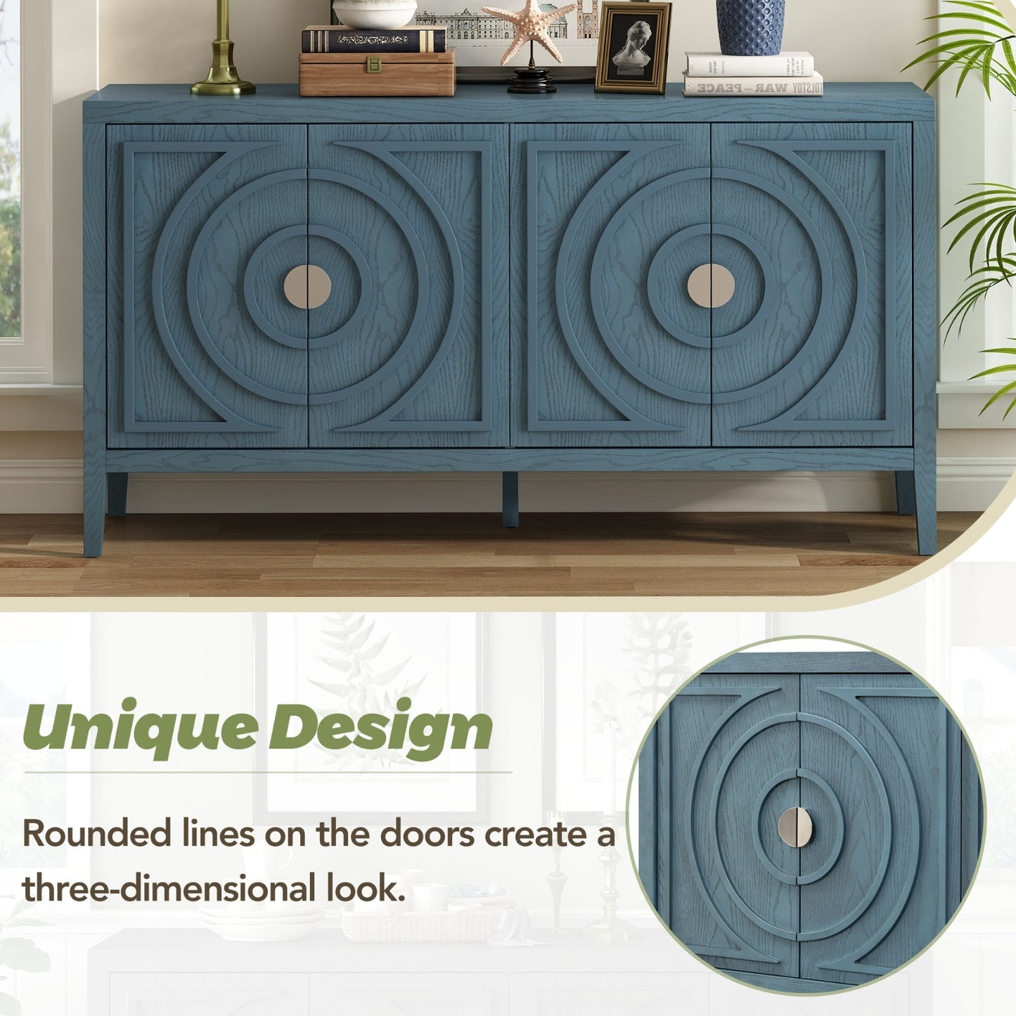 TREXM Retro Sideboard With Circular Groove & Round Metal Handle For Dining
