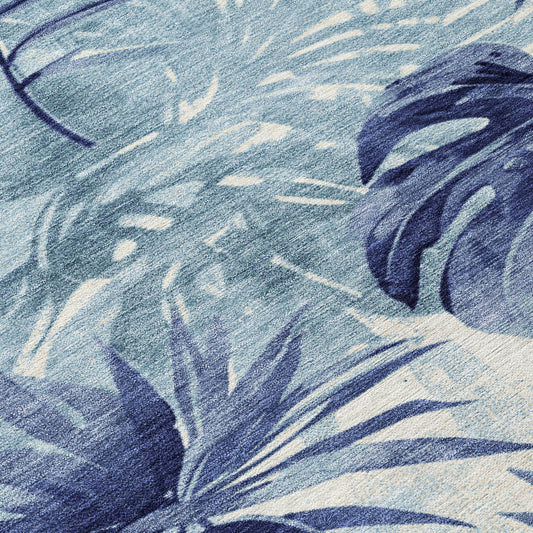 3' X 5' Blue And Ivory Floral Washable Indoor Outdoor Area Rug-0