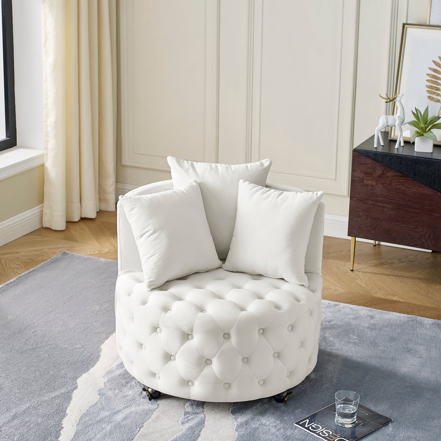 Velvet Upholstered Swivel Chair For Living Room, With Button Tufted Design And Movable Wheels, Including 3 Pillows, Beige